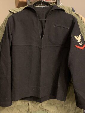 1940s WWII US Navy Black Wool Patched Cryptologic Crackerjack Sailor Jumper - M